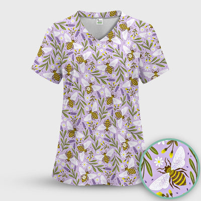 Cute Lavender Bee Floral Pattern Scrub Top, Comfortable Scrubs for Nurses