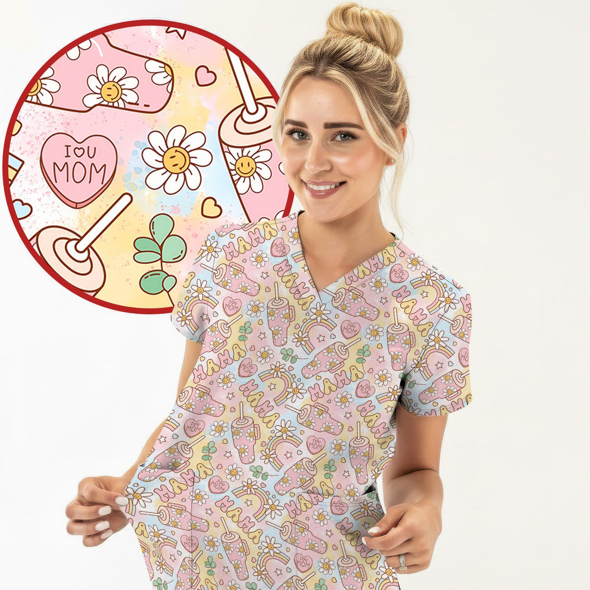Sweet Nurse Mama Daisy Rainbow Pattern Scrub Top, Comfortable Scrubs for Nurses