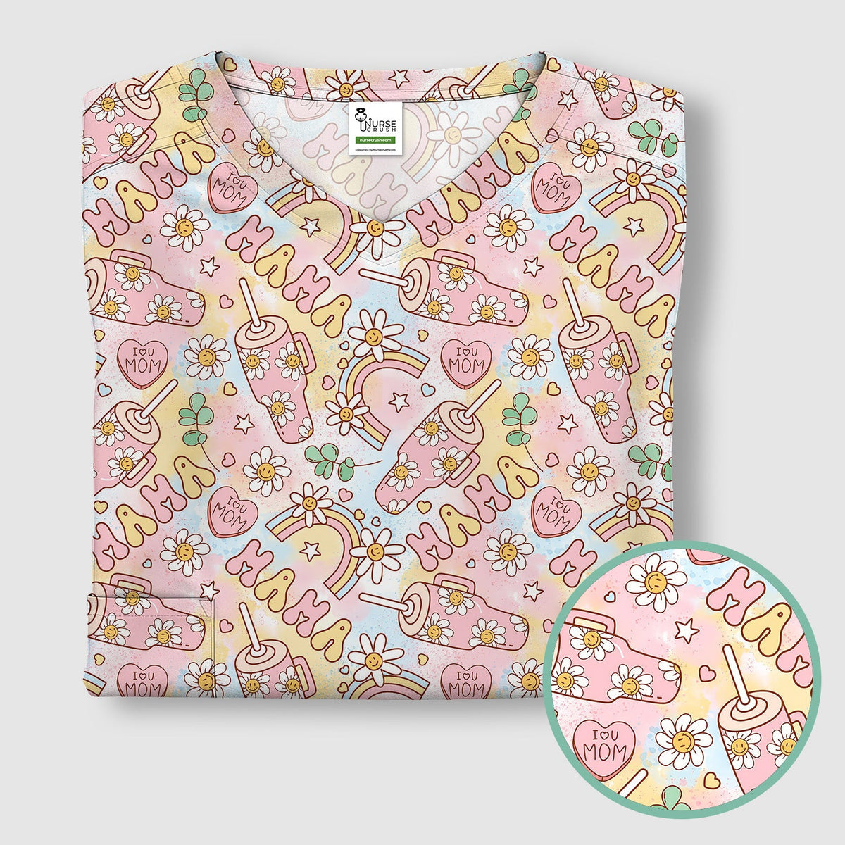 Sweet Nurse Mama Daisy Rainbow Pattern Scrub Top, Comfortable Scrubs for Nurses