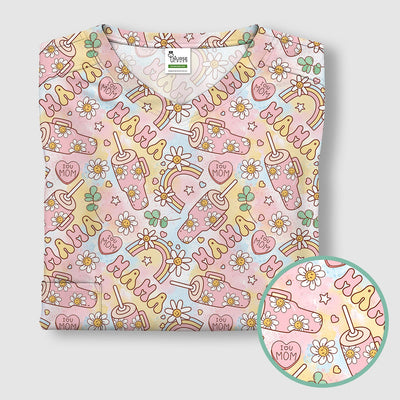 Sweet Nurse Mama Daisy Rainbow Pattern Scrub Top, Comfortable Scrubs for Nurses