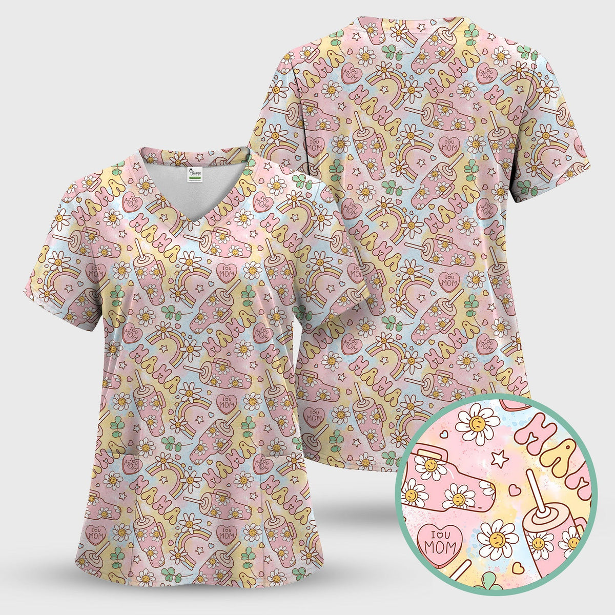Sweet Nurse Mama Daisy Rainbow Pattern Scrub Top, Comfortable Scrubs for Nurses