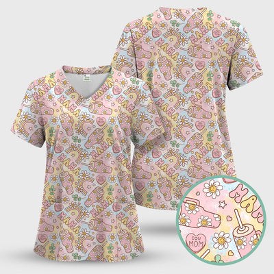 Sweet Nurse Mama Daisy Rainbow Pattern Scrub Top, Comfortable Scrubs for Nurses