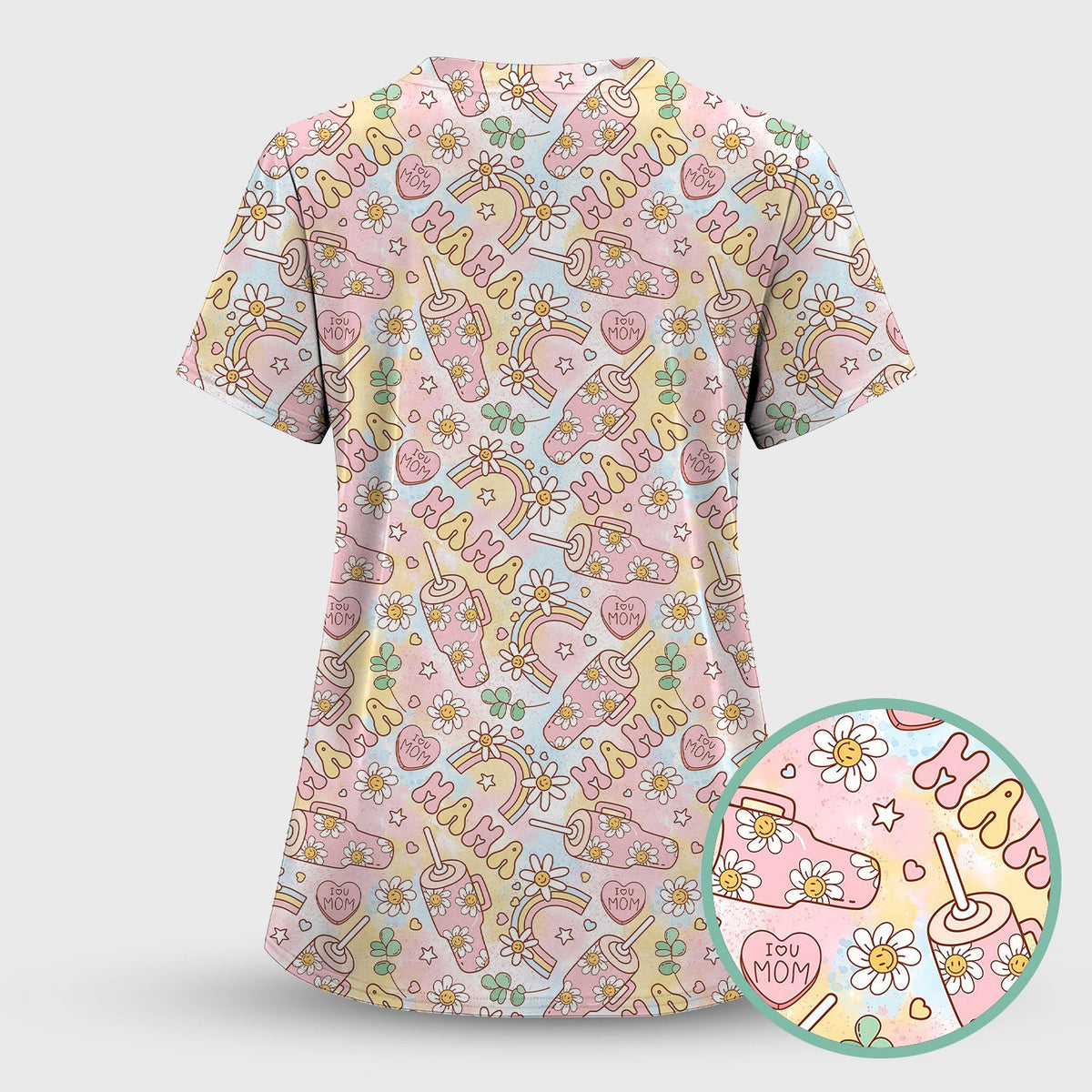 Sweet Nurse Mama Daisy Rainbow Pattern Scrub Top, Comfortable Scrubs for Nurses