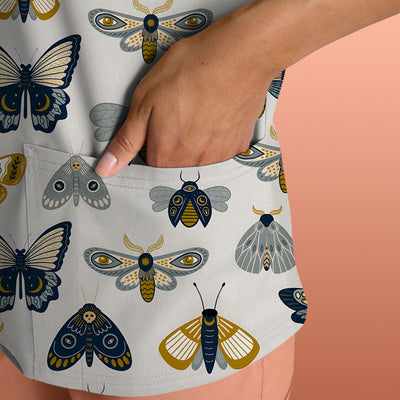 Cute Butterfly Moth Insect Pattern Scrub Top, Comfortable Scrubs for Nurses