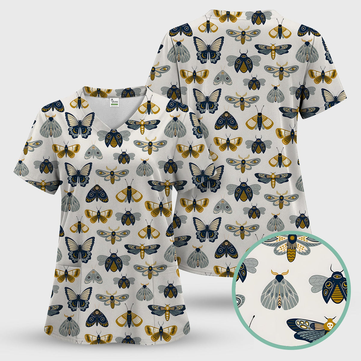 Cute Butterfly Moth Insect Pattern Scrub Top, Comfortable Scrubs for Nurses