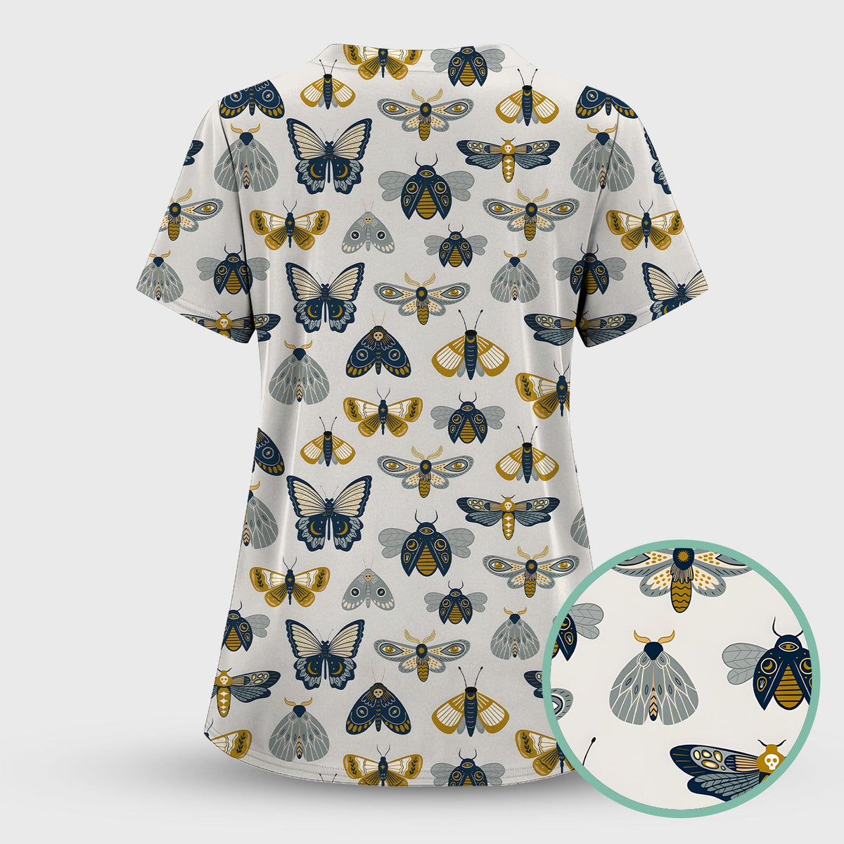 Cute Butterfly Moth Insect Pattern Scrub Top, Comfortable Scrubs for Nurses