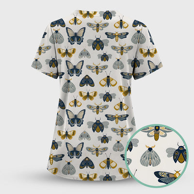 Cute Butterfly Moth Insect Pattern Scrub Top, Comfortable Scrubs for Nurses