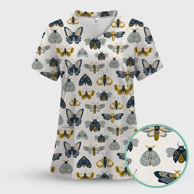 Cute Butterfly Moth Insect Pattern Scrub Top, Comfortable Scrubs for Nurses