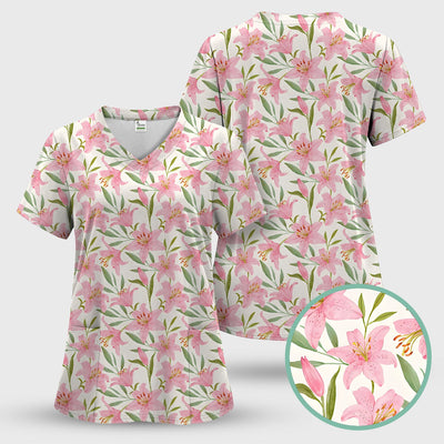 Cute Pink Lily Floral Nurse Pattern Scrub Top, Comfortable Scrubs for Nurses
