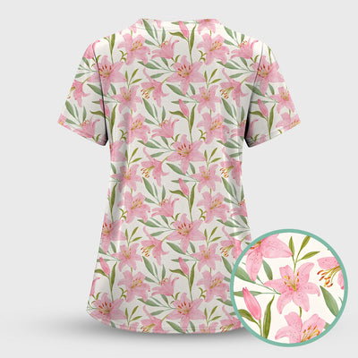 Cute Pink Lily Floral Nurse Pattern Scrub Top, Comfortable Scrubs for Nurses