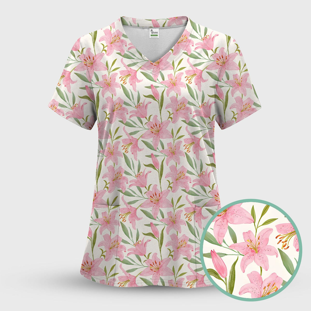 Cute Pink Lily Floral Nurse Pattern Scrub Top, Comfortable Scrubs for Nurses
