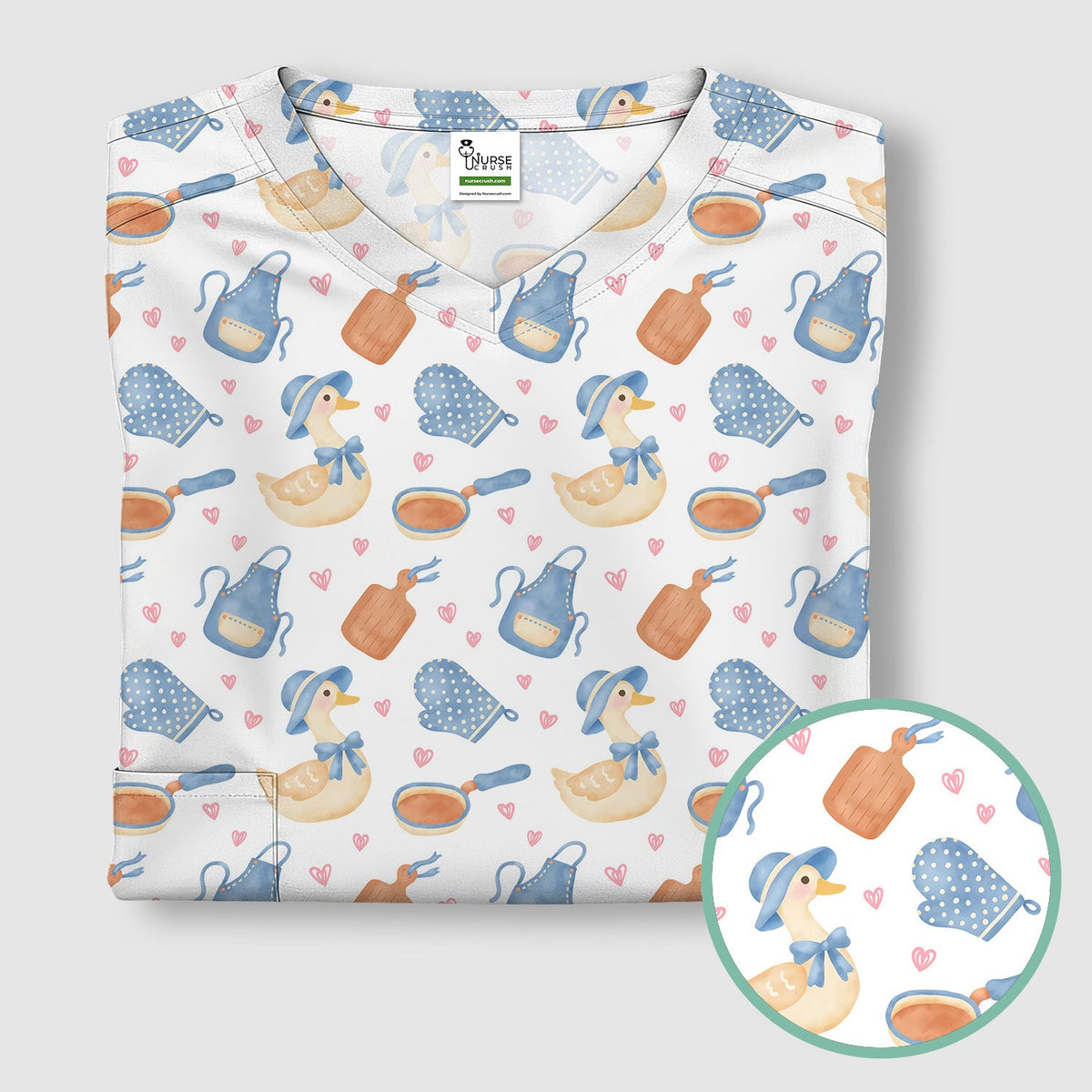 Duck Apron Kitchen Utensil Heart Pattern Scrub Top, Comfortable Scrubs for Nurses