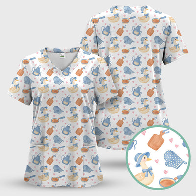 Duck Apron Kitchen Utensil Heart Pattern Scrub Top, Comfortable Scrubs for Nurses