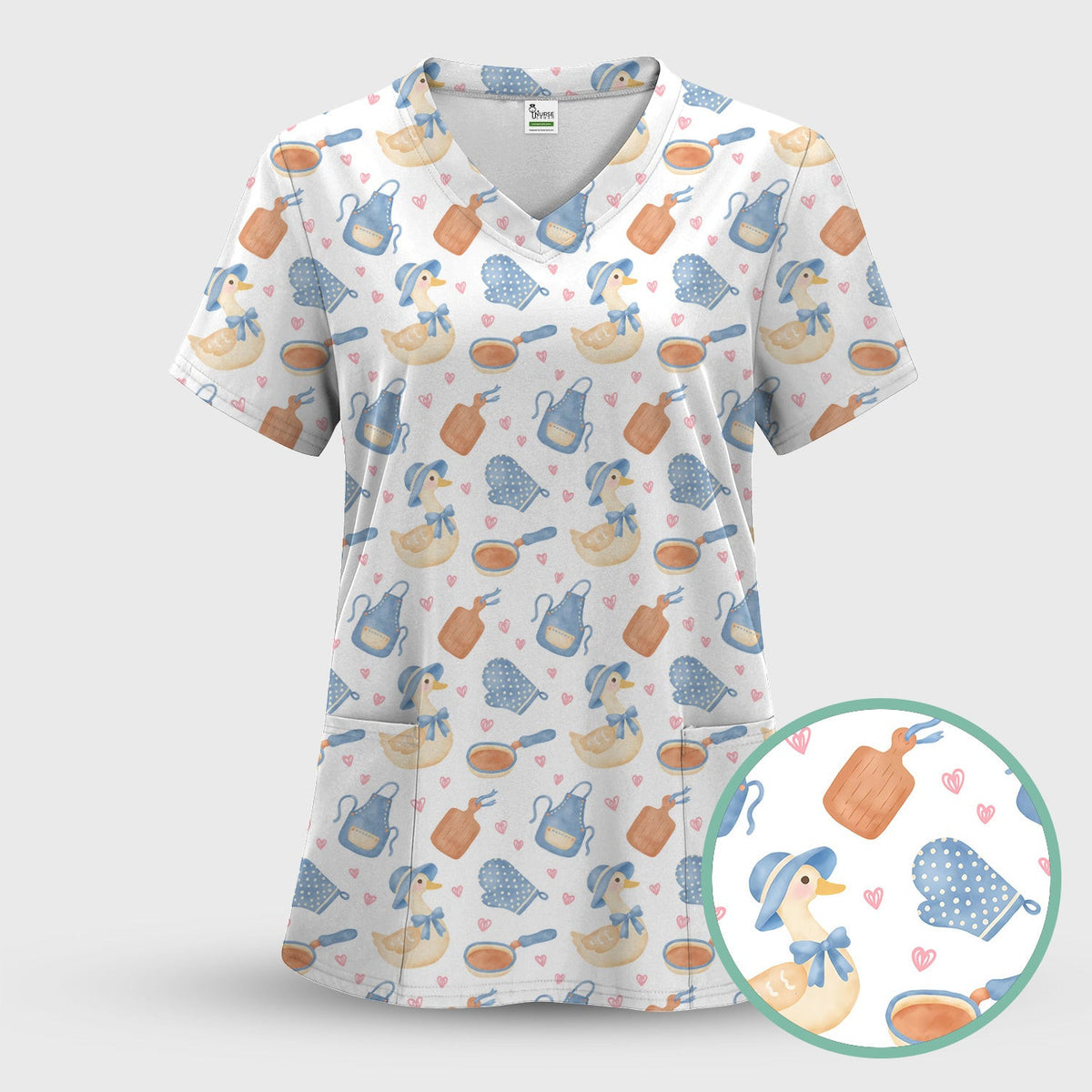 Duck Apron Kitchen Utensil Heart Pattern Scrub Top, Comfortable Scrubs for Nurses