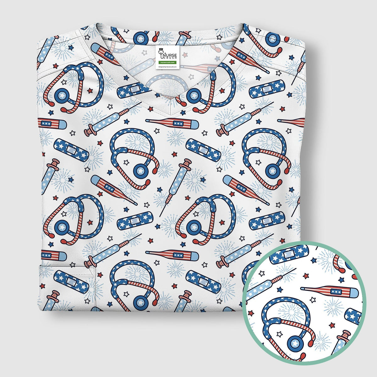Funny Patriotic Stethoscope Bandage Nurse Pattern Scrub Top, Comfortable Scrubs for Nurses