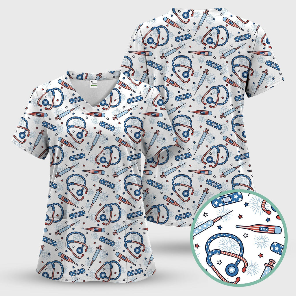 Funny Patriotic Stethoscope Bandage Nurse Pattern Scrub Top, Comfortable Scrubs for Nurses
