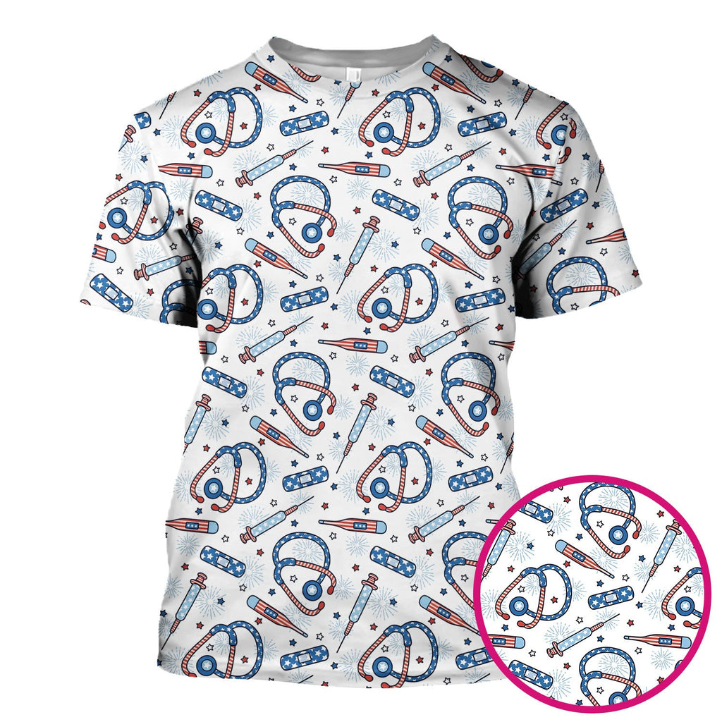 Funny Patriotic Stethoscope Bandage Nurse Pattern Scrub Top, Comfortable Scrubs for Nurses