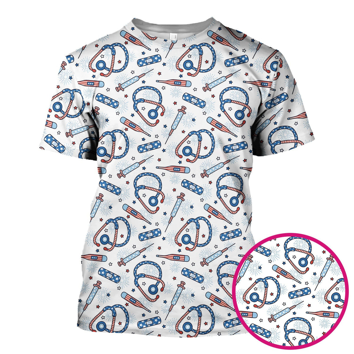 Funny Patriotic Stethoscope Bandage Nurse Pattern Scrub Top, Comfortable Scrubs for Nurses