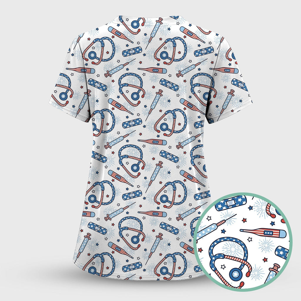 Funny Patriotic Stethoscope Bandage Nurse Pattern Scrub Top, Comfortable Scrubs for Nurses