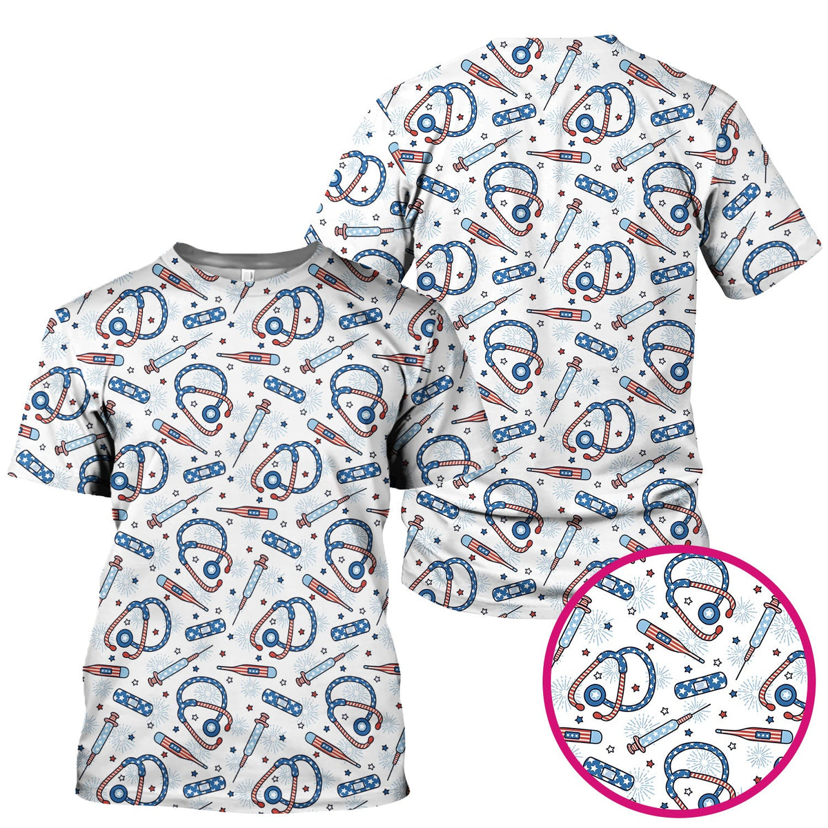 Funny Patriotic Stethoscope Bandage Nurse Pattern Scrub Top, Comfortable Scrubs for Nurses