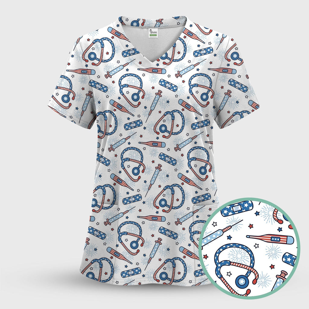 Funny Patriotic Stethoscope Bandage Nurse Pattern Scrub Top, Comfortable Scrubs for Nurses