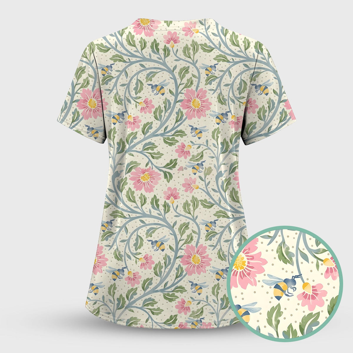 Cute Floral Bee Garden Nurse Pattern Scrub Top, Comfortable Scrubs for Nurses