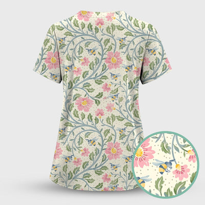 Cute Floral Bee Garden Nurse Pattern Scrub Top, Comfortable Scrubs for Nurses