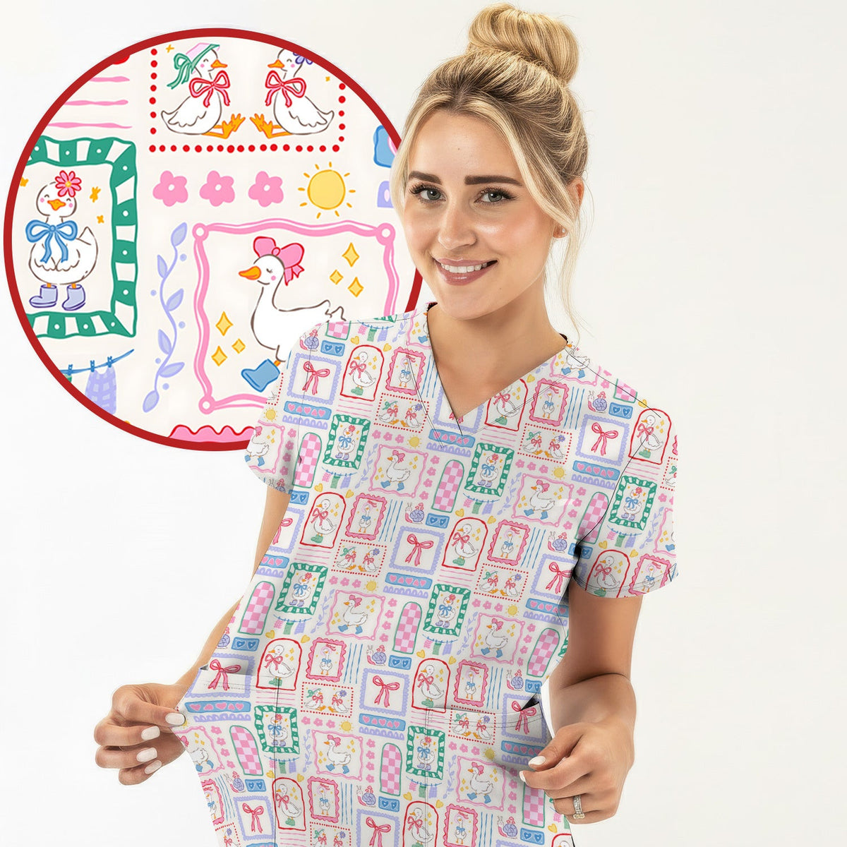 Adorable Nurse Goose Ribbon Patchwork Frame Pattern Scrub Top, Comfortable Scrubs for Nurses