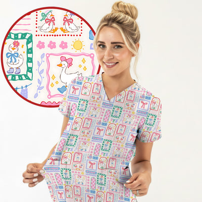 Adorable Nurse Goose Ribbon Patchwork Frame Pattern Scrub Top, Comfortable Scrubs for Nurses