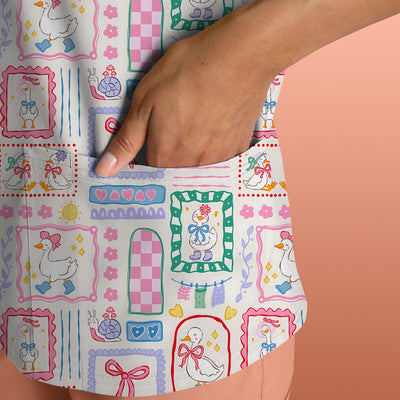 Adorable Nurse Goose Ribbon Patchwork Frame Pattern Scrub Top, Comfortable Scrubs for Nurses