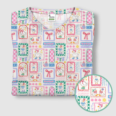 Adorable Nurse Goose Ribbon Patchwork Frame Pattern Scrub Top, Comfortable Scrubs for Nurses