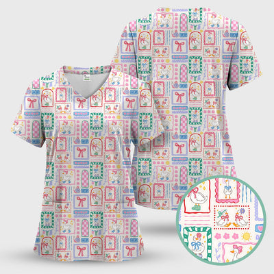 Adorable Nurse Goose Ribbon Patchwork Frame Pattern Scrub Top, Comfortable Scrubs for Nurses