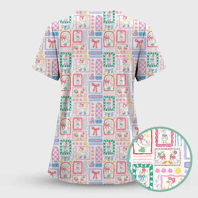 Adorable Nurse Goose Ribbon Patchwork Frame Pattern Scrub Top, Comfortable Scrubs for Nurses