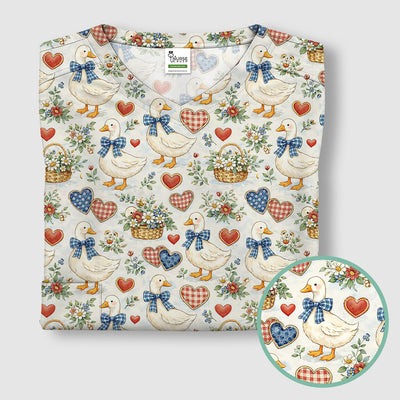 Cute Duck Heart Floral Nurse Pattern Scrub Top, Comfortable Scrubs for Nurses