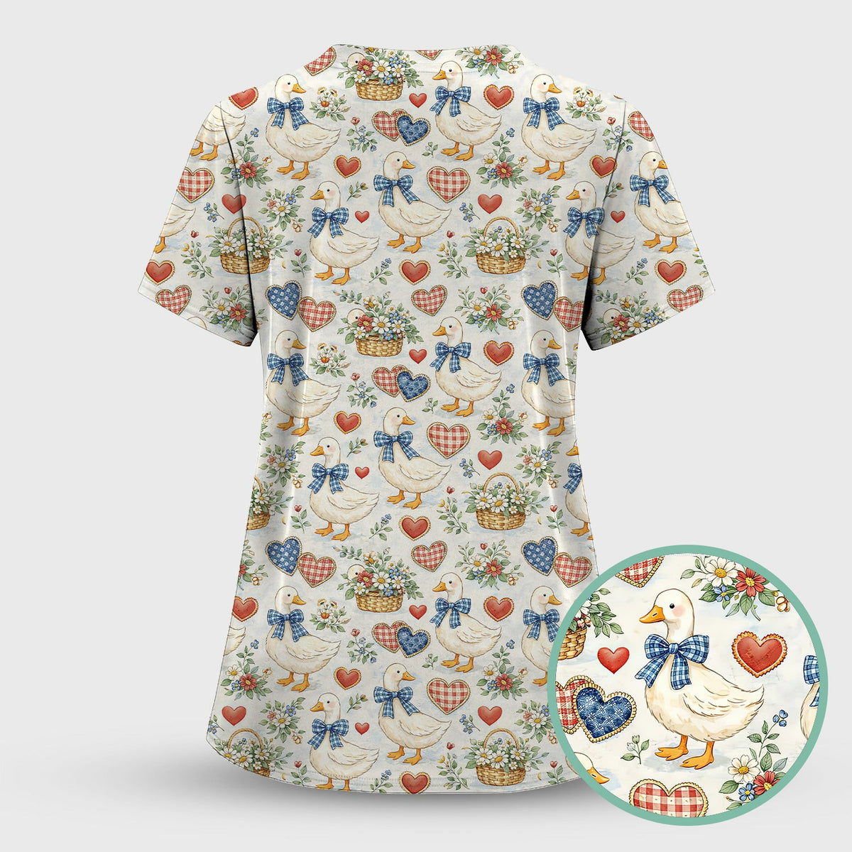 Cute Duck Heart Floral Nurse Pattern Scrub Top, Comfortable Scrubs for Nurses