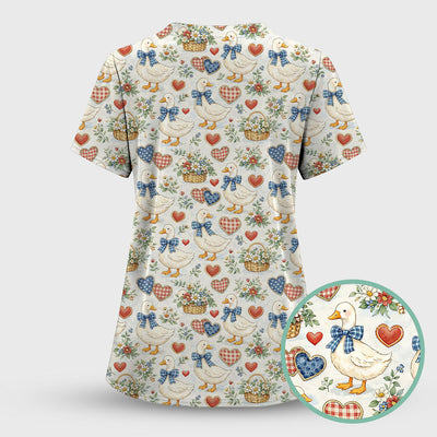 Cute Duck Heart Floral Nurse Pattern Scrub Top, Comfortable Scrubs for Nurses