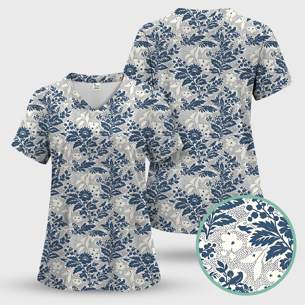Cute Blue Floral Botanical Nurse Pattern Scrub Top, Breathable Fabrics Nursing Uniform