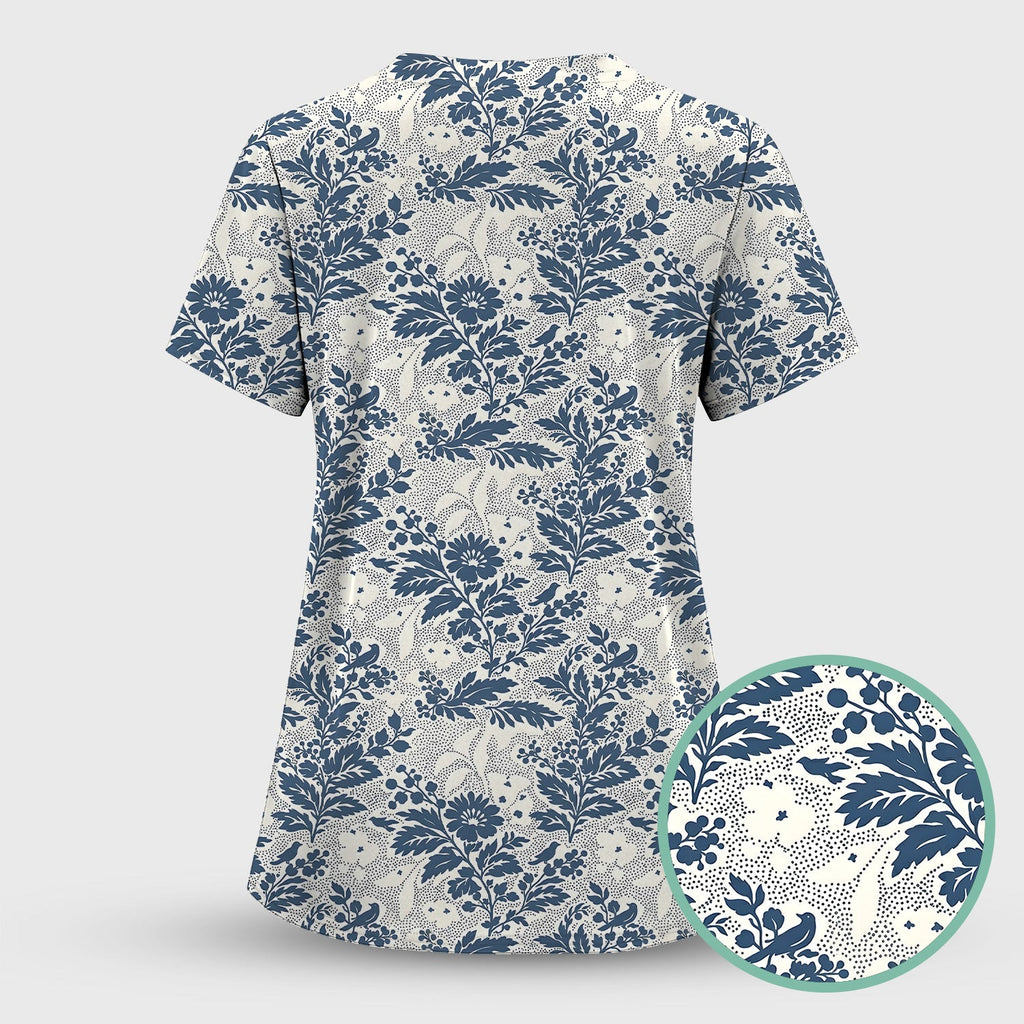 Cute Blue Floral Botanical Nurse Pattern Scrub Top, Breathable Fabrics Nursing Uniform
