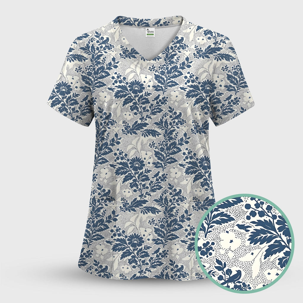 Cute Blue Floral Botanical Nurse Pattern Scrub Top, Breathable Fabrics Nursing Uniform