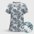 Cute Blue Floral Botanical Nurse Pattern Scrub Top, Breathable Fabrics Nursing Uniform