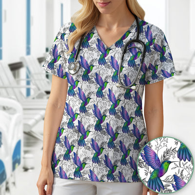 Colorful Hummingbird Flying Botanical Pattern Scrub Top, Comfortable Scrubs for Nurses