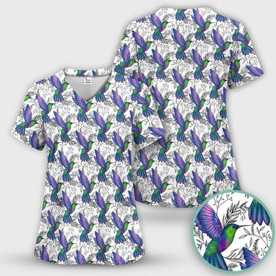 Colorful Hummingbird Flying Botanical Pattern Scrub Top, Comfortable Scrubs for Nurses