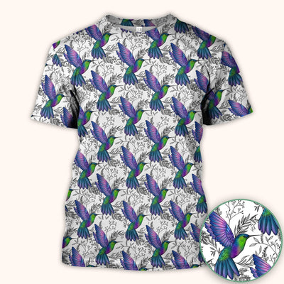 Colorful Hummingbird Flying Botanical Pattern Scrub Top, Comfortable Scrubs for Nurses