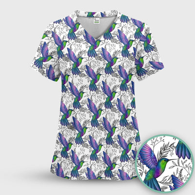 Colorful Hummingbird Flying Botanical Pattern Scrub Top, Comfortable Scrubs for Nurses