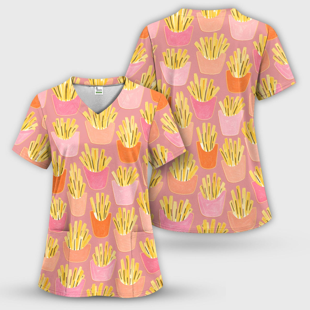 Funny French Fries Snack Food Pattern Scrub Top, Comfortable Scrubs for Nurses