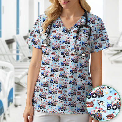 Patriotic Cow Tractor Farm Stars Pattern Scrub Top, Comfortable Scrubs for Nurses
