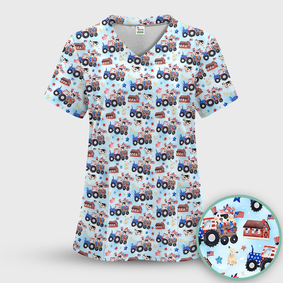 Patriotic Cow Tractor Farm Stars Pattern Scrub Top, Comfortable Scrubs for Nurses