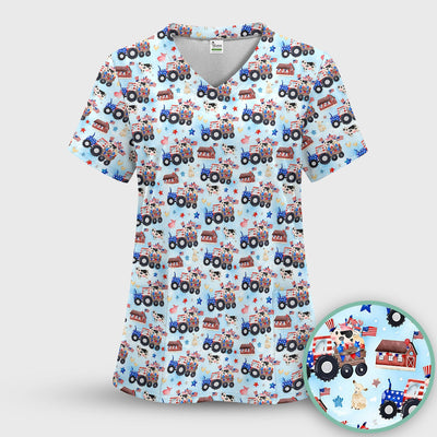 Patriotic Cow Tractor Farm Stars Pattern Scrub Top, Comfortable Scrubs for Nurses