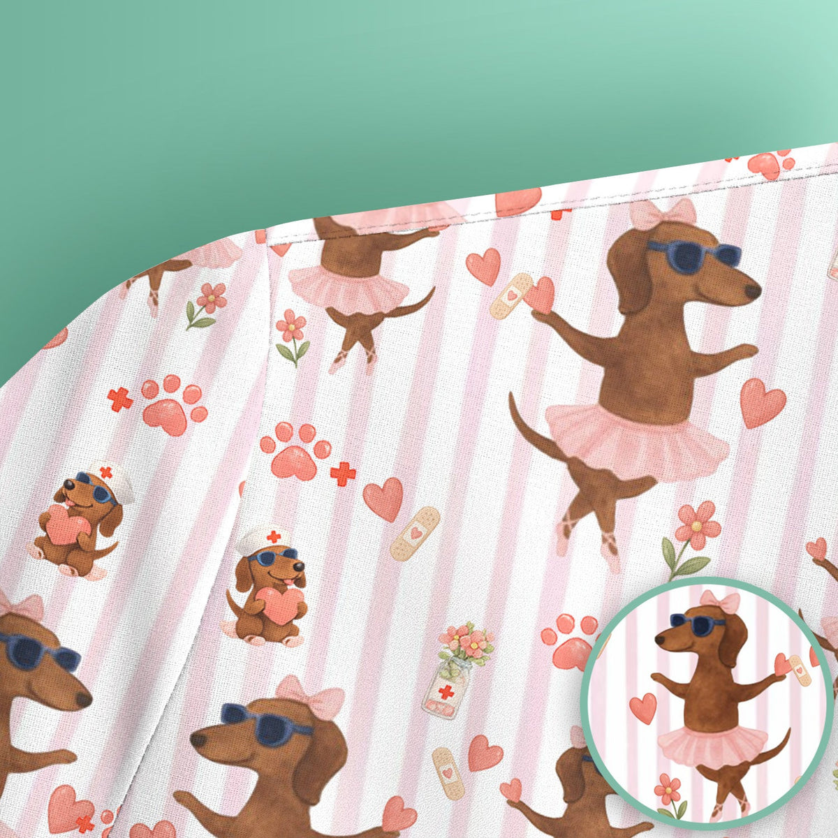 Cute Dachshund Dog Ballet Tutu Hearts Pattern Scrub Top, Comfortable Scrubs for Nurses
