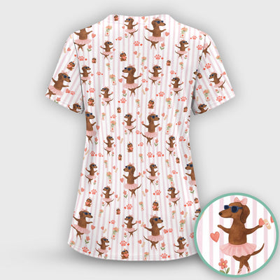 Cute Dachshund Dog Ballet Tutu Hearts Pattern Scrub Top, Comfortable Scrubs for Nurses